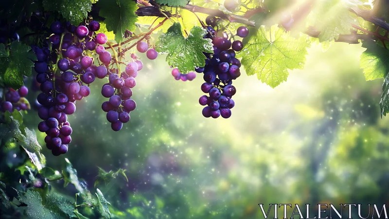 Sunlit grapevines glow softly with ripe, jeweled clusters