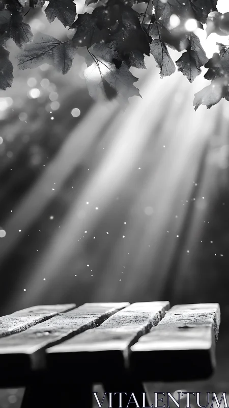 Sunbeams rehearse quietly above a forgotten forest table