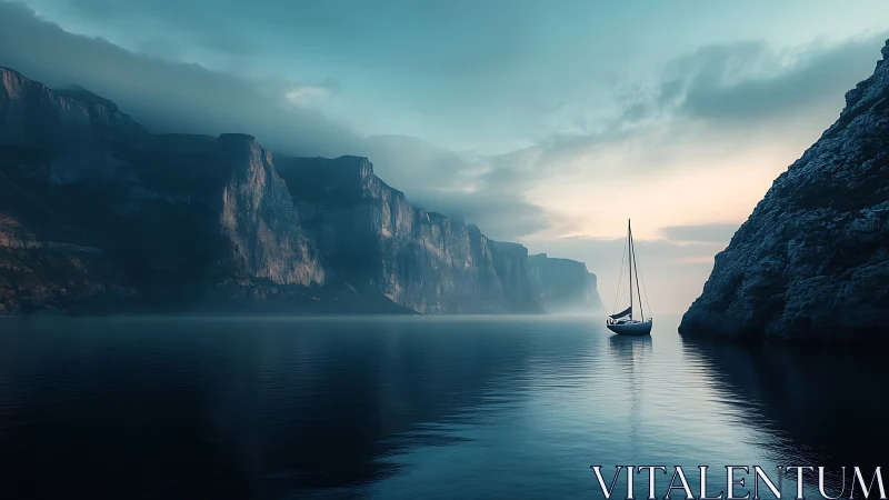 Solitary sailboat in narrow misty fjord at sunrise.