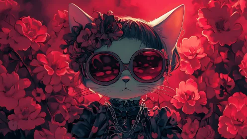 Cyberpunk Feline in Red Rose Garden with Visor Sunglasses.