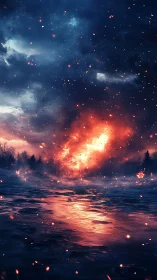 Cataclysmic explosion erupts across nocturnal landscape with cosmic intensity.