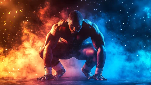 Power sprinter crouched amid fire and ice clouds.