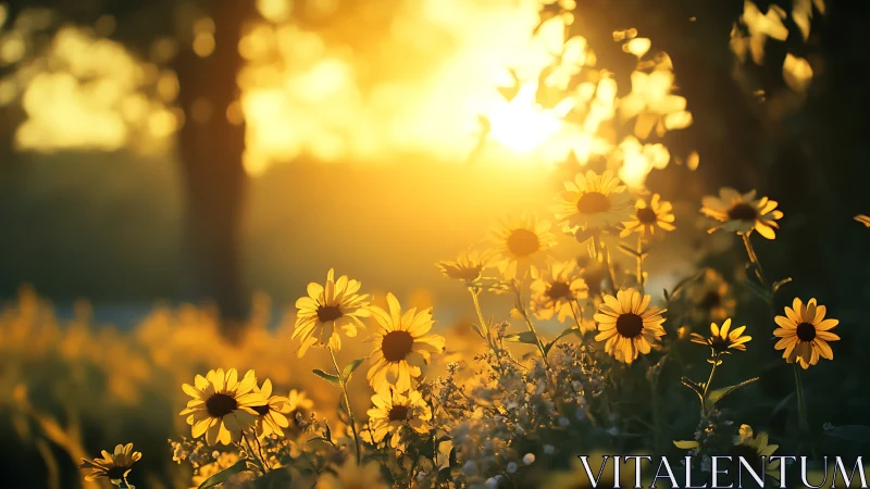 Backlit yellow daisies under low golden hour sunset light