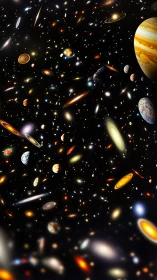 Dense cosmic field shows countless planets, stars, and galaxies