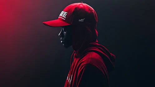 Crimson-hooded silhouette drifting through neon dusk.