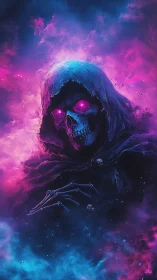Neon cosmic reaper emerging from swirling pink and blue mists.