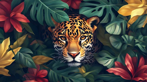 Jaguar head is centered within dense stylized tropical foliage