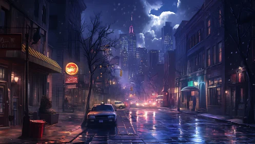 Rainy neon city street at night with distant skyline.