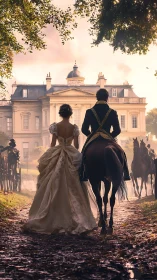 Noble couple approaches sunlit chateau in romantic grandeur.