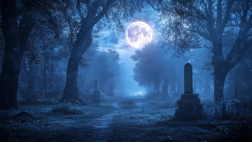 Moonlit forest path with gravestones under dense blue haze.