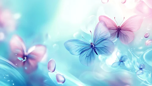 Ethereal pastel butterflies drift through luminous blue light