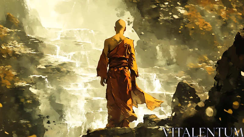 Solitary robed figure stands before cascading luminous falls