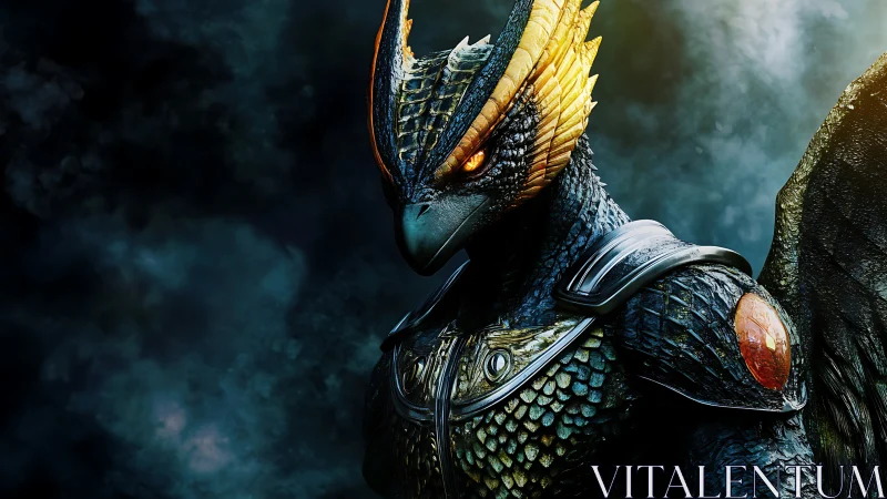 Armored avian reptilian figure in atmospheric lighting.