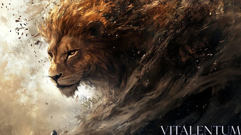 Lion head emerges from swirling abstract brush strokes