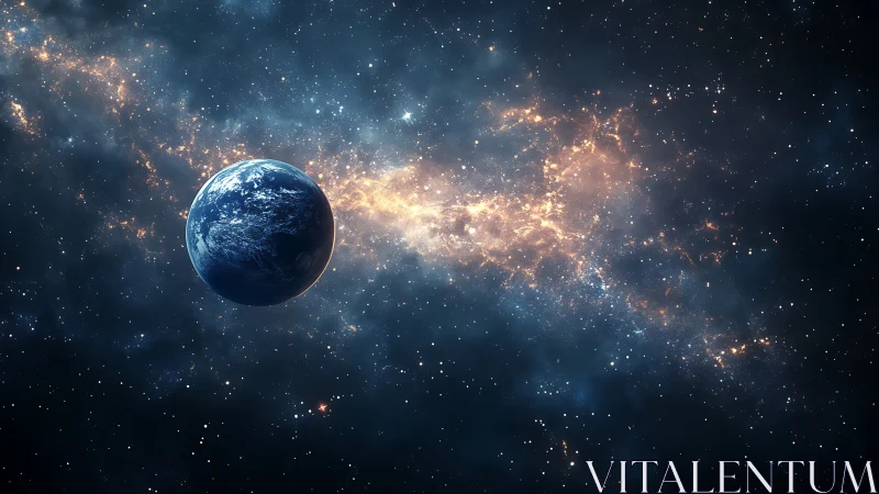 Planetary limb illuminated against dense stellar nebula field