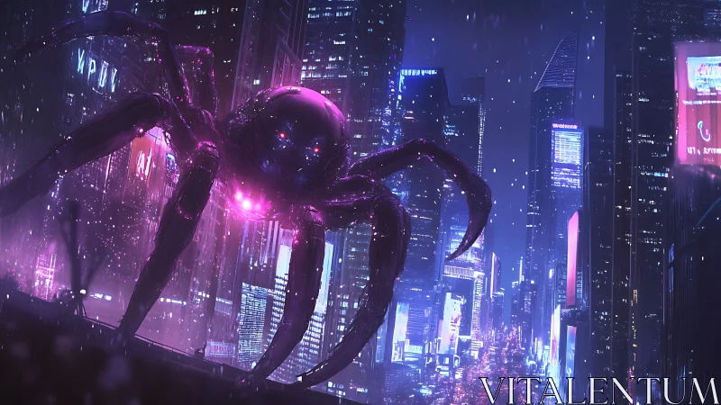 Giant robotic spider in neon lit cyberpunk cityscape at night.