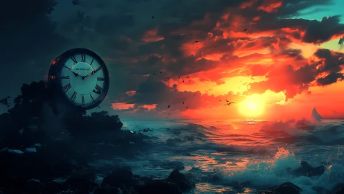 Surreal seascape clock marks time against a burning sunset sky