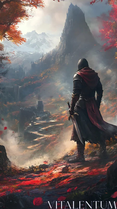 Hooded knight surveys volcanic mountain path in autumn haze