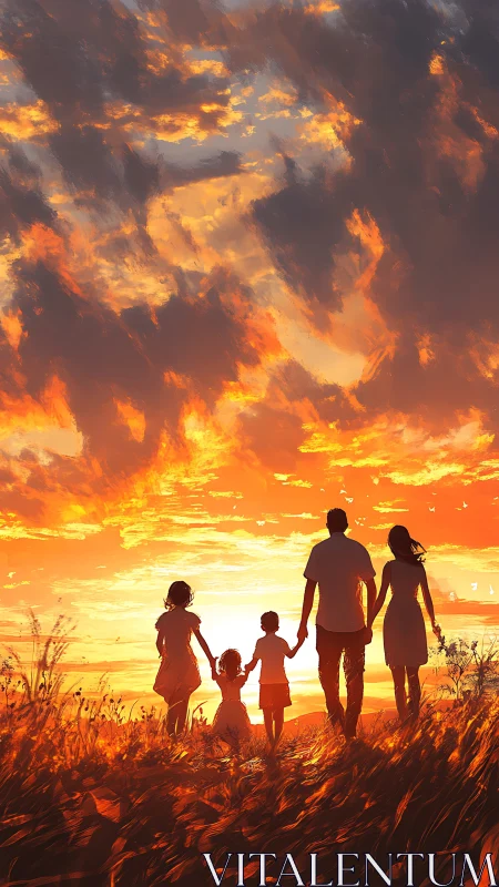 Sunlit family walks toward a glowing field of evening gold