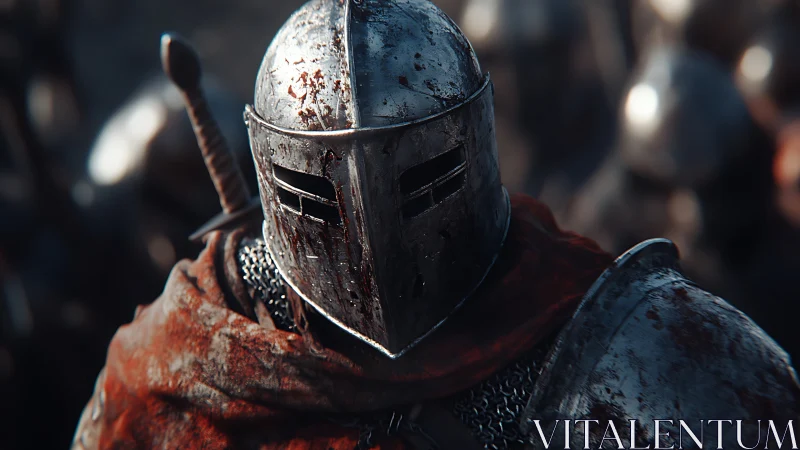 Bloodstained medieval knight in steel helmet close-up.
