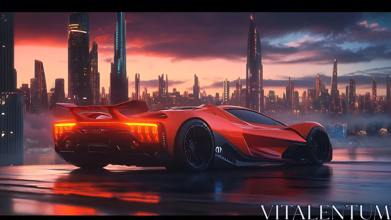 Red hypercar waits on wet rooftop above neon future skyline