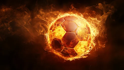 Blazing soccer ball suspended in swirling inferno flames.