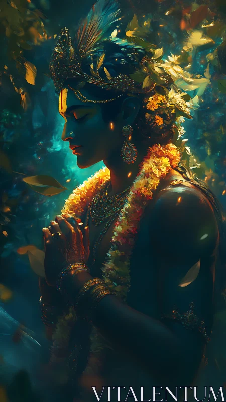 Digital painting of divine figure in luminous forest chiaroscuro.