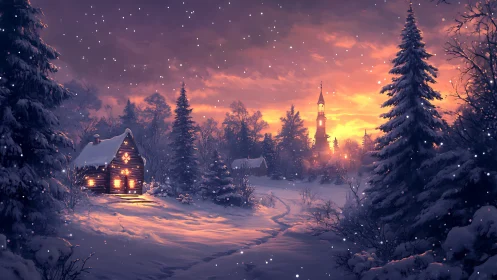 Digital painting of snowy cabin and church at golden sunset.