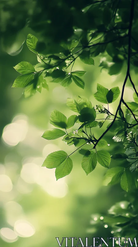 Green foliage branch with soft bokeh background in daylight.