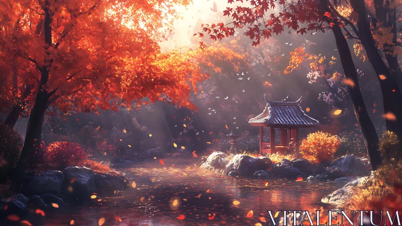 Serene riverside pavilion under vivid autumn foliage.