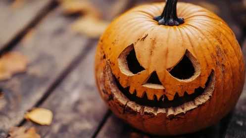 Carved jack-o’-lantern displays sinister grin on weathered boards