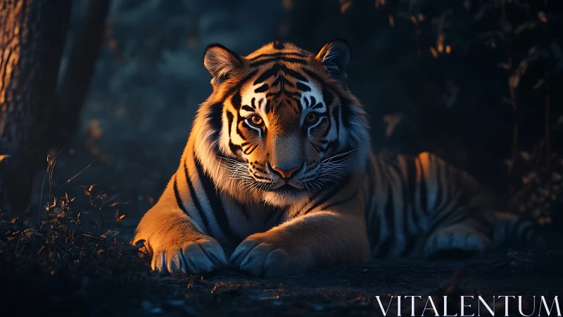Tiger rests in twilight forest, eyes glowing with intent.