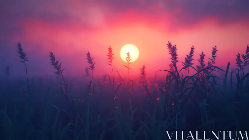 Dreamlit meadow sunrise in glowing violet and ember haze.