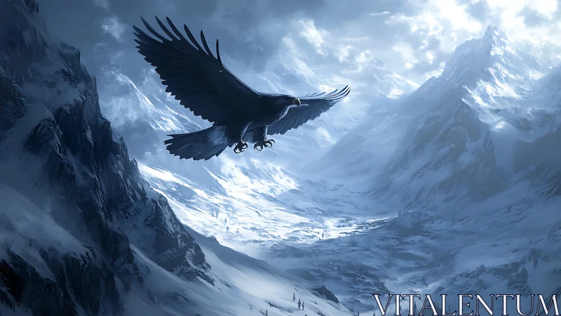 Large black eagle gliding over vast snowy mountainscape.