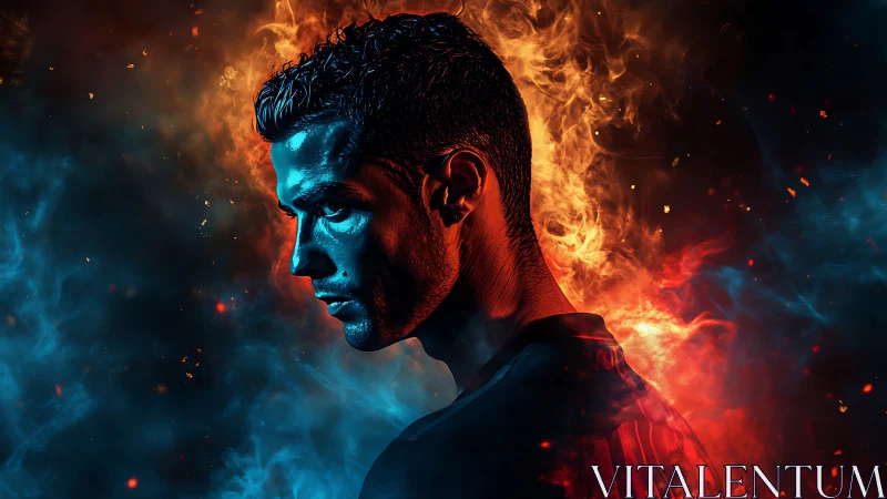 Portrait of a focused athlete framed by fire and ice glow.