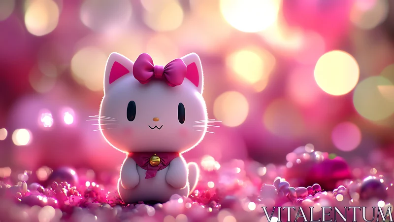 Pink toy cat figurine glows amid dreamy bokeh lights
