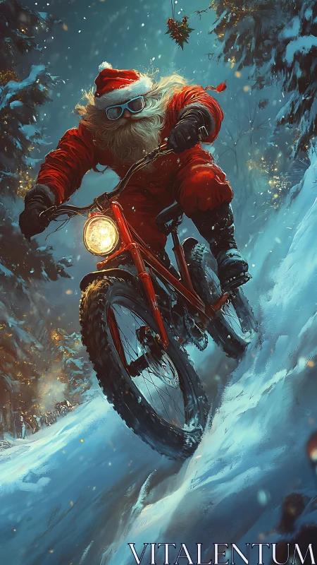 Santa shreds snowy forest trail on glowing red bike.