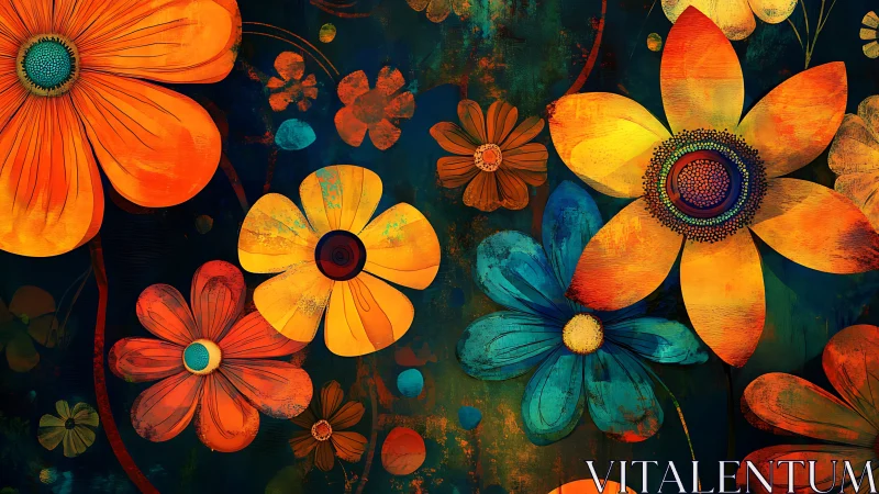 Vibrant Botanical Illustration with Layered Floral Elements