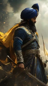 Regal warrior in blue turban standing strong in golden light.