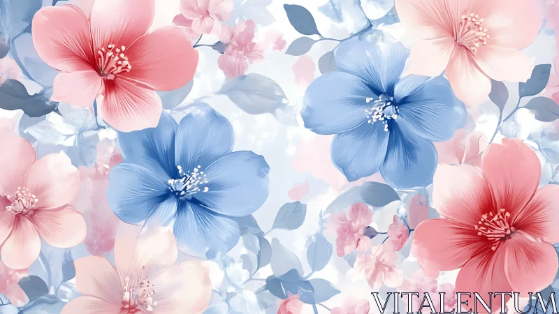 Translucent Botanical Composition: Blue-Pink Floral Gradient Array.