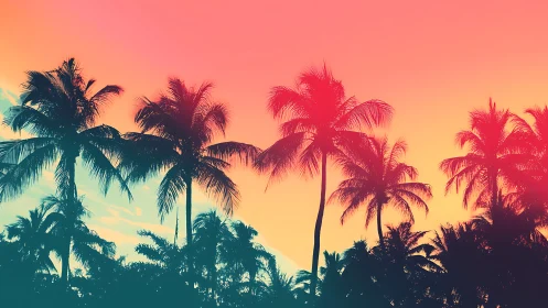 Palm tree silhouettes under gradient tropical sky at dusk.