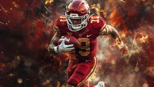 American football runner in red uniform amid fiery smoke.