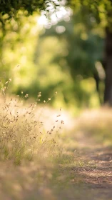Shallow depth-of-field study isolates grasses along sunlit path