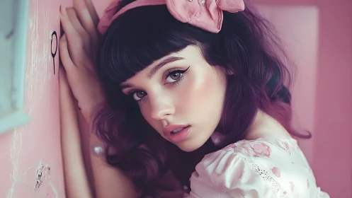 Soft focus daydream girl in cotton-candy pink corners.