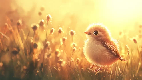 Golden morning meadow with a bright-eyed fluffy chick.