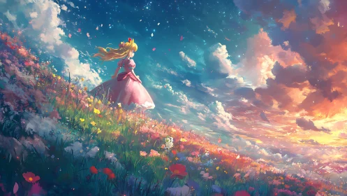 Anime style girl in pink dress on flowered hillside at dusk.