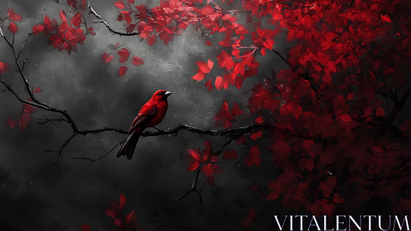 Solitary red cardinal on branch against stormy grayscale sky