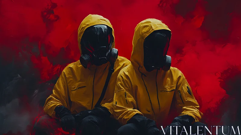 Companions in yellow hooded gear amid swirling red haze.