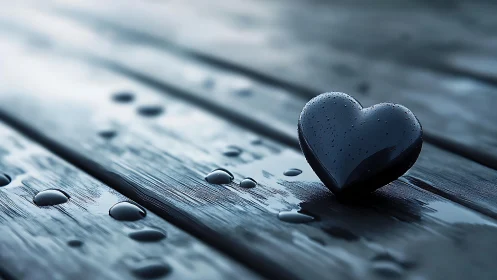 Monolithic obsidian heart form with surface hydration patterns on weathered timber.