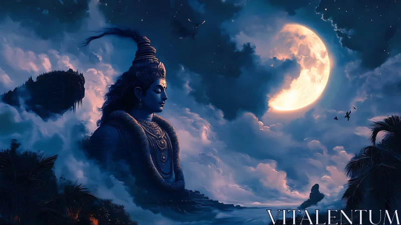 Monumental deity silhouette rendered against hyper-luminous moon